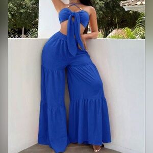 Royal blue summer set - front tie halter top and wide leg pants